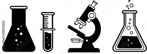 Four black and white science icons two flasks, a beaker, and a microscope