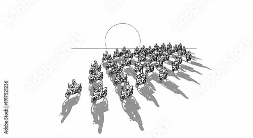 Many motorcyclists in formation against a sun-like circle on horizon