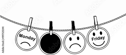 Four circular tokens with varying facial expressions and text hang on a clothesline