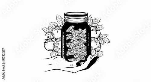 Hand holds jar of pasta with tomatoes and basil