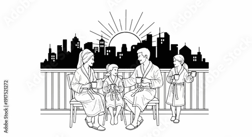 Family enjoys morning beverages on a balcony overlooking a city skyline at sunrise