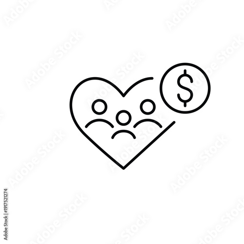 Family of three in heart and dollar. Family financial support and insurance, household budget care. Pixel perfect, editable stroke vector icon