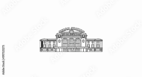 Line drawing of a grand historical building with arched windows and signage