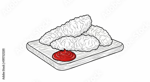 Four crispy chicken tenders on a wooden board with ketchup