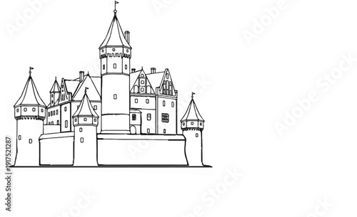 Line drawing of a grand castle with multiple towers and battlements