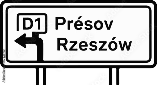 Highway sign indicating directions to D1, Presov, and Rzeszów