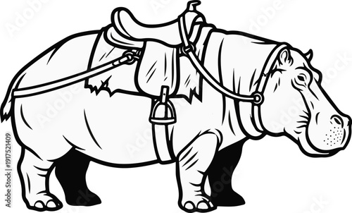 Line drawing of a hippopotamus wearing a saddle and bridle