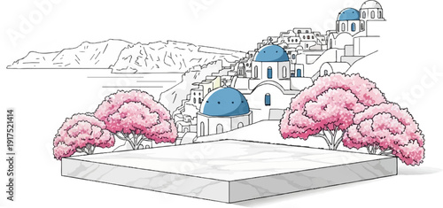 Marble platform foreground with Greek island village and cherry blossom trees