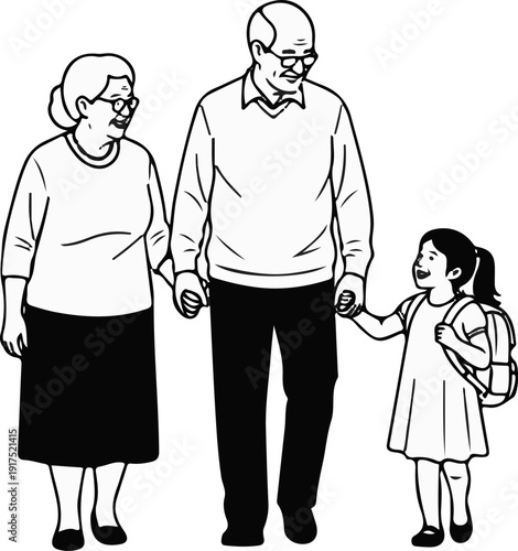 Family outing Grandparents walk with their granddaughter carrying a backpack