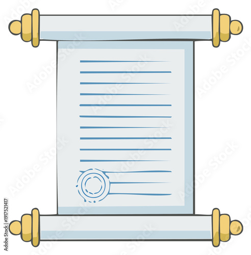 Cartoon drawing of an ancient scroll with text and a seal.