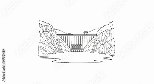 Massive dam structure nestled between rugged cliffs overlooking a tranquil body of water