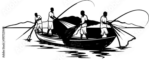 Four fishermen in a boat cast nets into the water near distant mountains