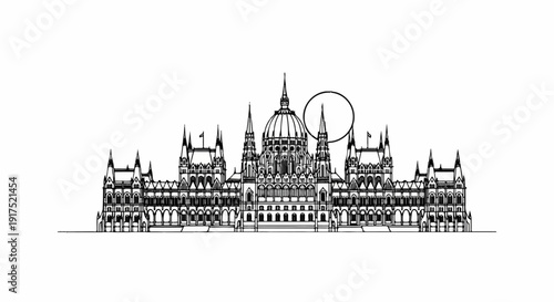 Intricate line drawing of a grand, ornate historical building with multiple spires