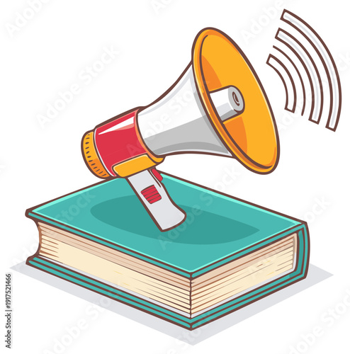 Megaphone broadcasting sound waves from an open book