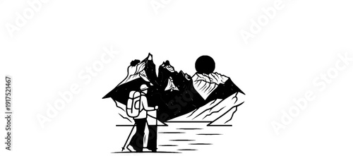 Hiker with backpack and poles stands before a majestic mountain range at dusk