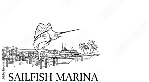 Line drawing of a leaping sailfish over a tropical marina with boats