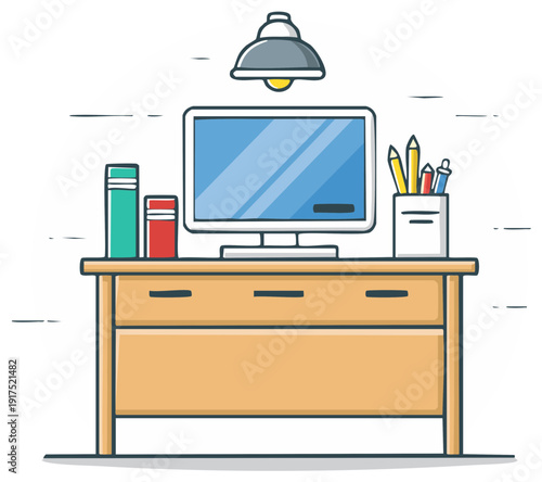 Stylized Workspace Illustration with Desk, Computer, Books, and Supplies