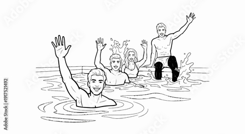 Four friends happily wave from a pool, splashing water joyfully