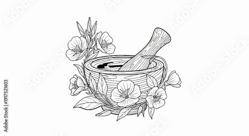 Line drawing of a mortar and pestle with flowers and leaves