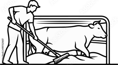 Farmer grooming cow with brush inside enclosure