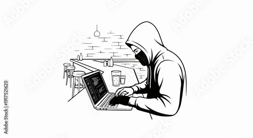 Hooded figure in mask types on laptop at bar counter with drinks
