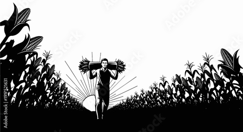 Farmer carrying corn stalks through a sunlit cornfield