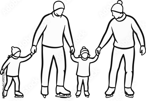 Four people ice skating, two adults holding hands with two children