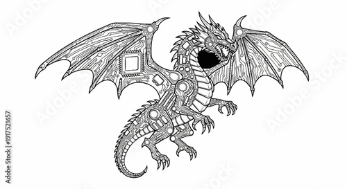 Mechanical dragon with intricate circuitry and sharp claws, wings spread wide