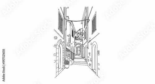 Line drawing of a narrow, old-world street with arched doorways and windows