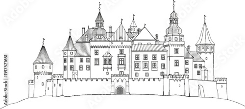 Intricate line drawing of a grand castle with multiple towers and crenellated walls