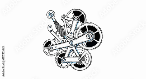 Intricate mechanical assembly with gears, levers, and a coiled spring