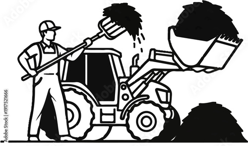 Farmer with tractor loading hay using pitchfork and loader