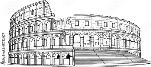 Line drawing of a partial, ancient oval arena with arches, tiers, and stairs