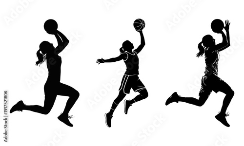 Dynamic female basketball player silhouette jump shot action vector illustration