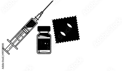 Medical syringe, vial with liquid, and pill blister pack with two pills