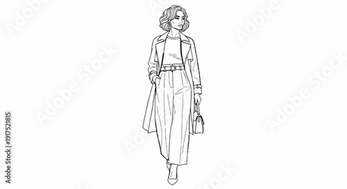 Fashion illustration of a woman in a trench coat, wide-leg pants, and a handbag