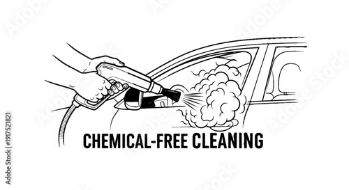 Hand sprays steam on car window for chemical-free cleaning