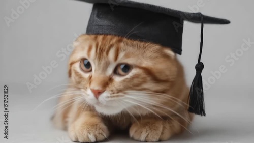 Cute ginger cat wearing a mortarboard, symbolizing success and learning