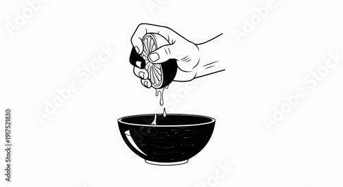 Hand squeezing citrus fruit over a bowl of liquid