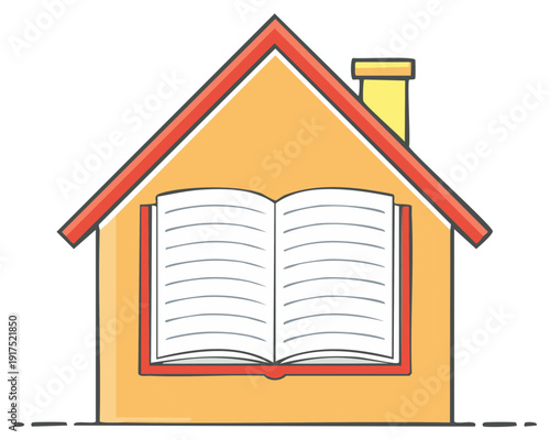 Open book displayed as window in a simple house illustration