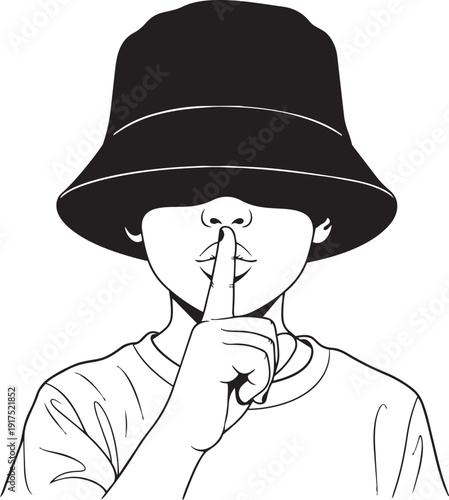 A stylized illustration of a person gesturing for silence