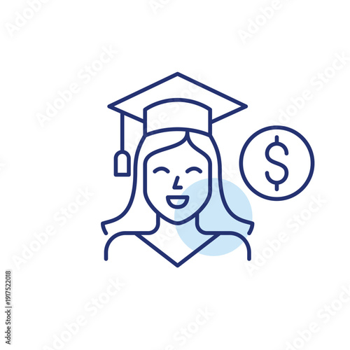 Young woman in graduation cap and dollar. Education cost and benefits. Pixel perfect, editable stroke vector icon