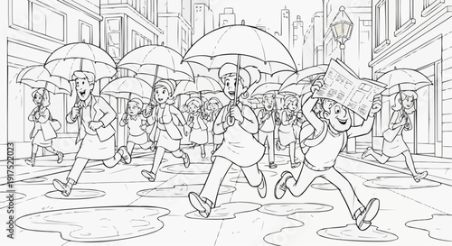 Coloring page for children - people with umbrellas are hurrying down a wet city street during a rainstorm. A man without an umbrella is running, holding a newspaper over his head.