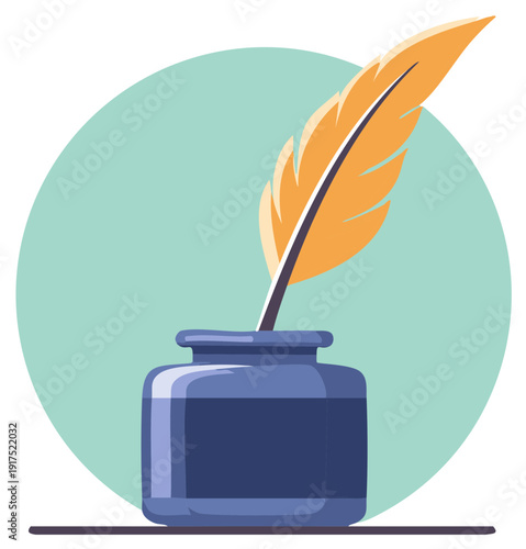 Stylized illustration of an inkwell with a feather for writing or creative concepts.
