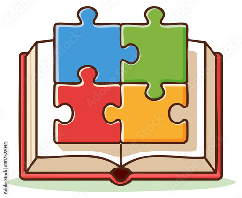 Colorful Puzzle Pieces Inside an Open Book Illustrating Concepts of Education and Problem Solving