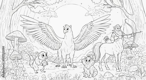 The coloring page for children features a collection of magical creatures in a moonlit forest glade: a proud hippogriff with spread wings, a curious nymph with a shiny coin, and a wise centaur with a 