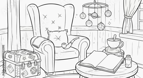 The coloring page for children is a cozy corner of a magical room with a large comfortable armchair and a magical smoking pipe.