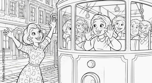 Coloring page for children - a woman spots a friend through a tram window and waves excitedly
