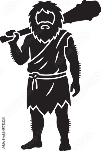 A stylized silhouette of a caveman holding a large wooden club