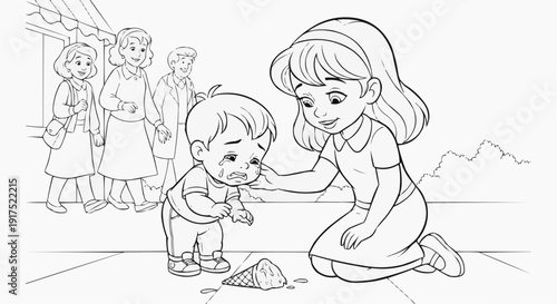 Coloring page for children - a baby is crying because of a fallen ice cream, and a sister is comforting him with sympathy, offering to buy another ice cream
